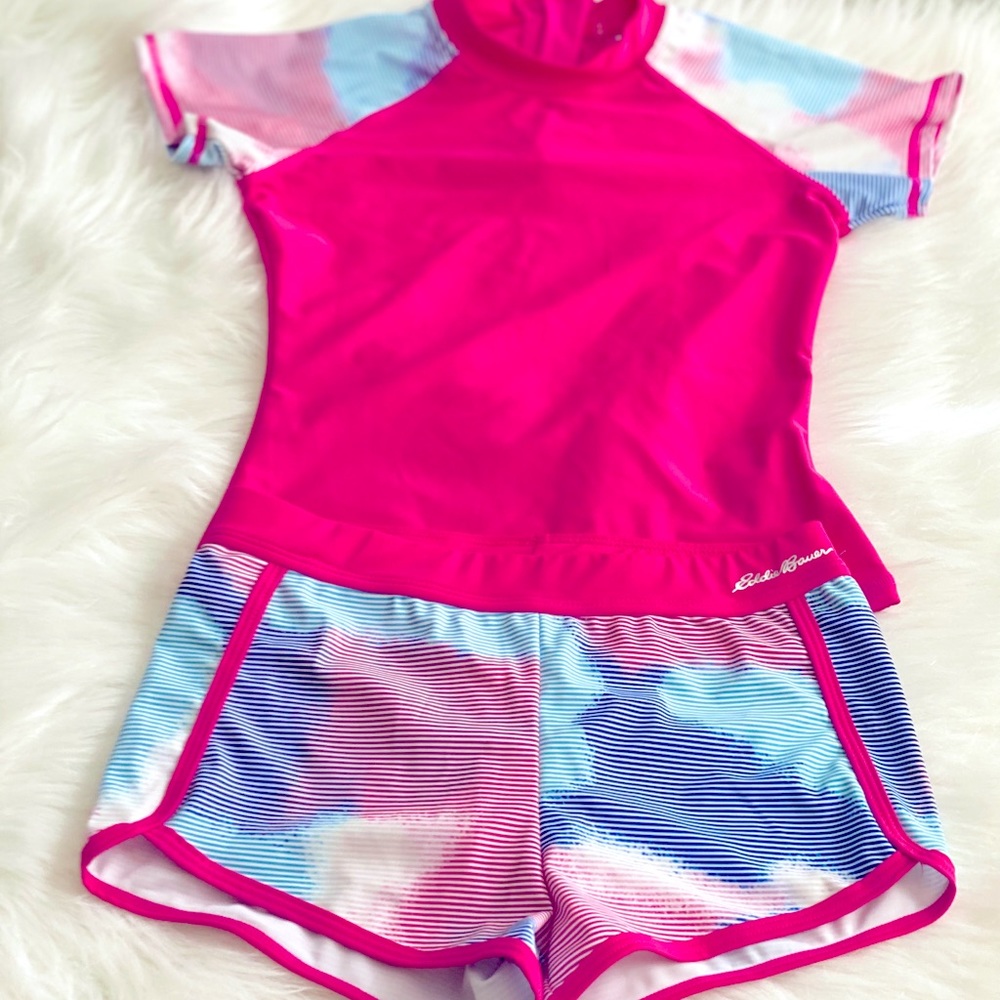 2 PC Eddie Bauer Girl Swimsuit Tankini Rash Guard Swim size 7/8